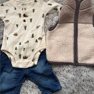 Baby Outfit Set with Onesie, Vest, and Jeans